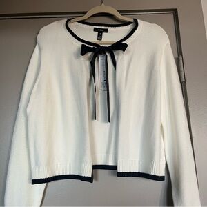 Aqua Women's White Sweater with Navy Trim